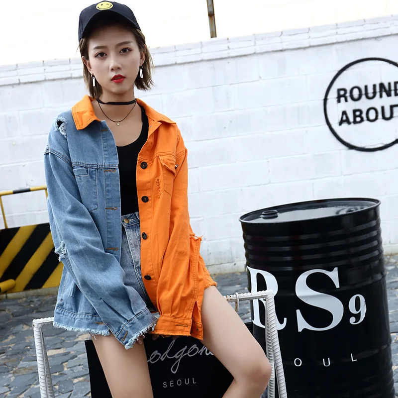 

Women Hole Denim Jacket with Tassel 2020 Autumn Letter Printing Orange Blue Patchwork Coats Veste En Jean Femme L0126