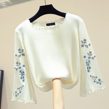 

Embroidered Thin Knitted Sweater Women Autumn 2019 New Korean Loose Temperament Pullover Sweaters Knitting Shirt Femininos Tops