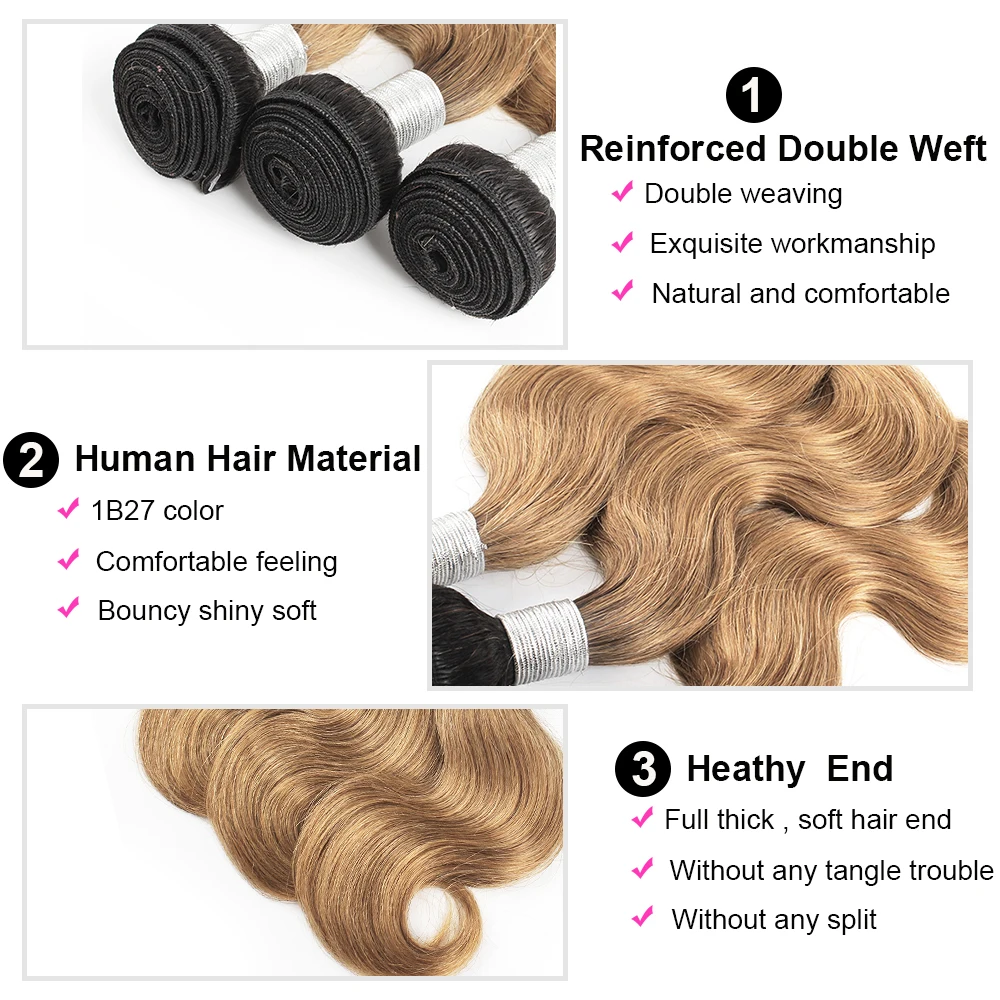 Kisshair T1b27 Hair Bundles 1/3/4Pcs Pre-colored Honey Blonde Body Wave Indian Human Hair Extension 2 Tone Ombre Bundles