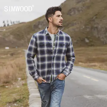 

SIMWOOD 2020 spring Winter New Double Chest Pockets Plaid Shirts Men Indigo Shirt 100% Cotton Plus Size Clothes 190472