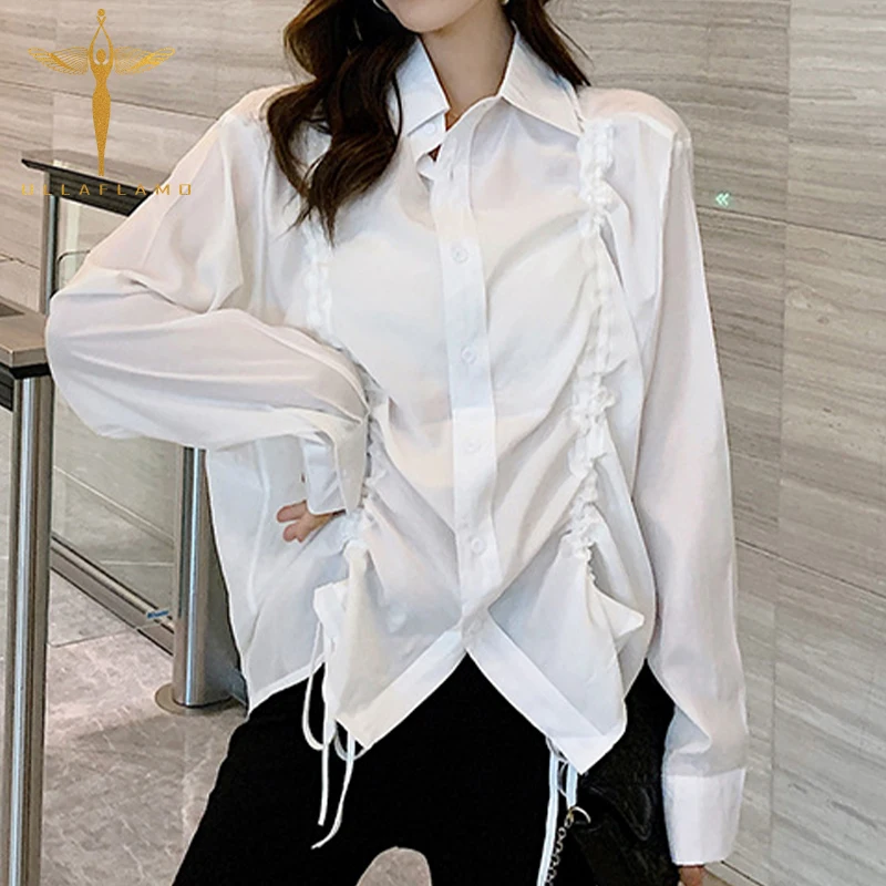 

Women's Turn Down Collar Retro Blouse Full Sleeve Open Stitch Drawstring Pleated Casual Shirt Elegant Tops Street Female Shirt