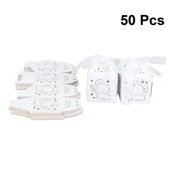 

50pcs Hollow Out Elephant Pattern Candy Boxes Gift Bags Wedding Favors & Ribbons Party Decorations (White)