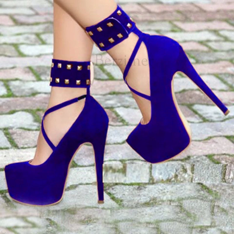 LF192 Blue BERZIMER/женские босоножки на платформе и каблуке; туфли-лодочки из искусственной замши с ремешками на шпильках; вечерние туфли; zapatos mujer; женская обувь; большие размеры 50, 51, 52 - Цвет: LF192 Blue