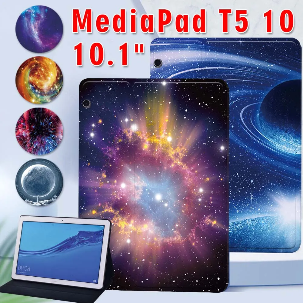 

For Huawei MediaPad T5 10 PU Leather Folding Stand Cover MediaPad T5 10.1 AGS2-W09/L09/L03/W19 Tablet Case + Pen