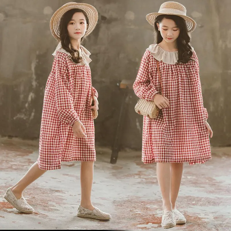 

DFXD New Spring Children Dress Teenager Girls Long Sleeve Plaid Doll Collar Loose Casual School Dress For 3-14Yrs Girls Vestido