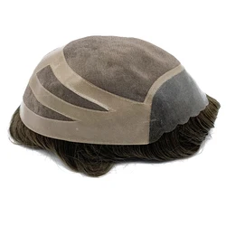 Human Hair Mens Hair Piece Toupee Replacement System Remy Hair Mono Lace and Poly Bond