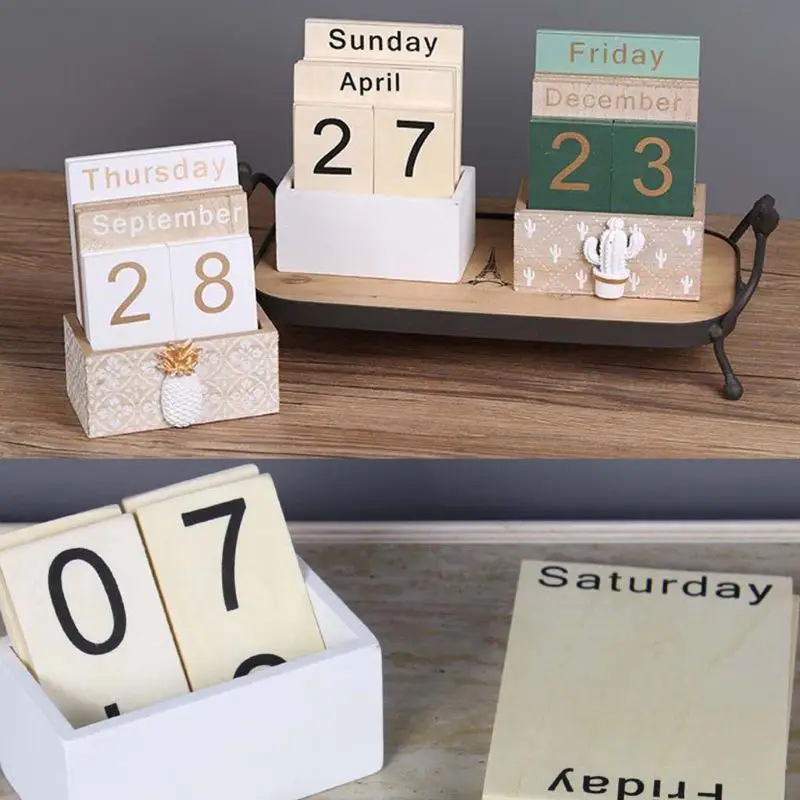 Vintage Wooden Perpetual Calendar Eternal Block Planner Photography Props Month Week Date Display Home Office Desktop Decoration