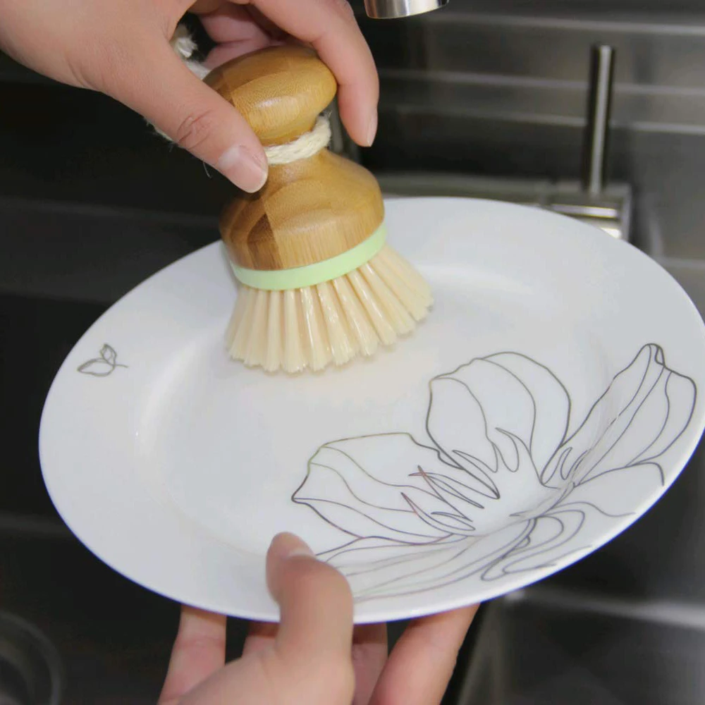 3 Pcs Bamboo Dish Brush Mini for Kitchen Sink Vegetable Cleaning Pans Scrubbing 4X2.8Inch