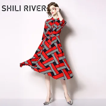 

New spring summer midi dress for women half sleeve slim casual elegant print cute button a line swing long dresses red plaid