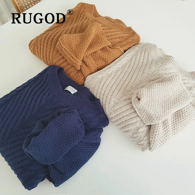 RUGOD, корейский базовый Однотонный свитер, пуловеры для женщин с круглым вырезом, Свободный теплый вязаный свитер, модные женские винтажные повседневные топы