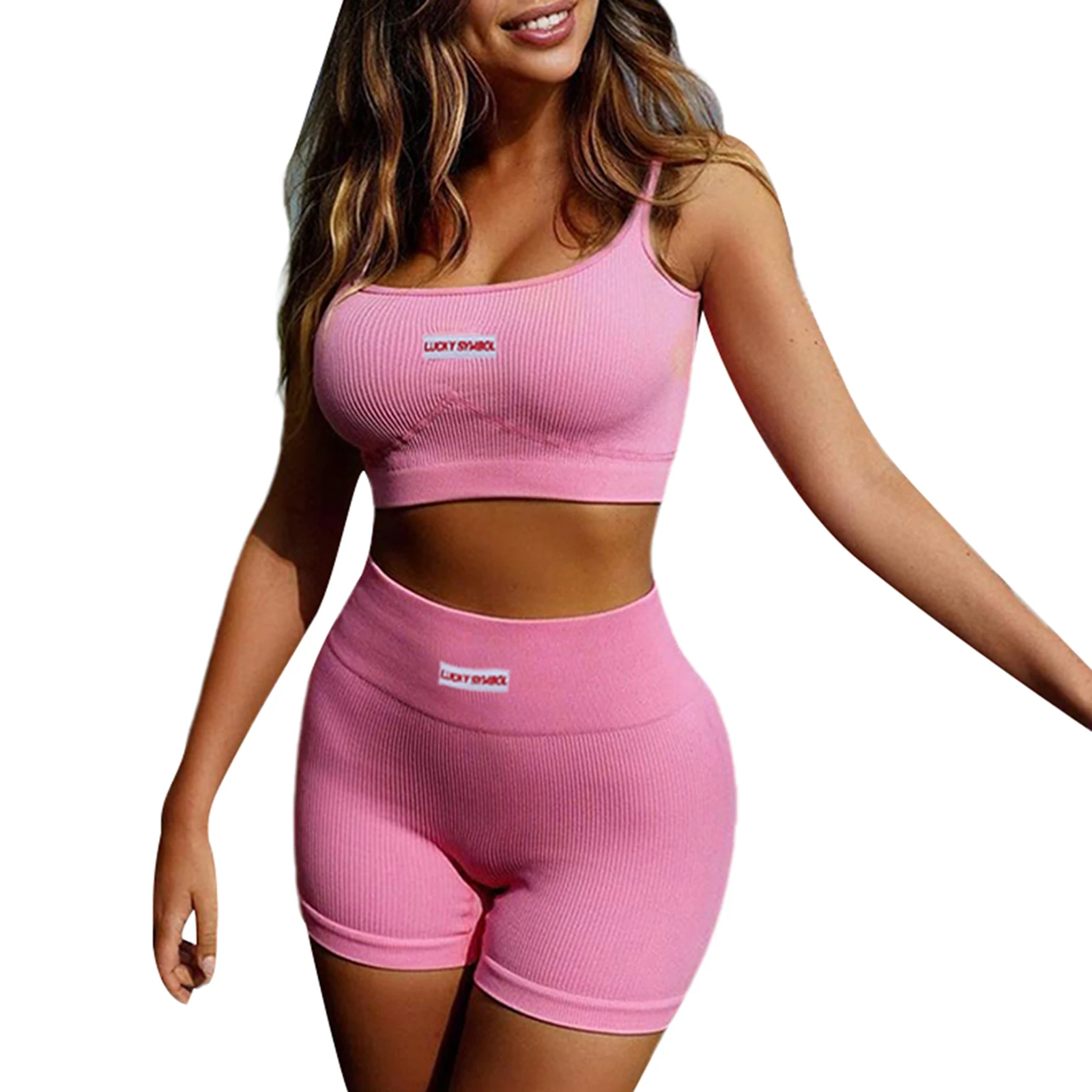 Women Sports Two-piece Running Set Summer Ribbed Knit Tracksuits Female Sleeveless Straps Crop Tops+High Waist Shorts Female Set pink sweat suits Suits & Blazers