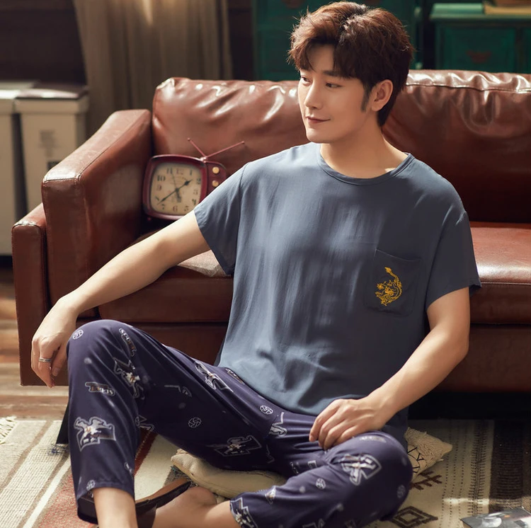 soft cotton pyjamas 2020 New Printing Pajama Set Man Korean Style Cotton Short Sleeve Long Trousers Twinset Pijama Summer Thin  Loungewear men satin pajamas