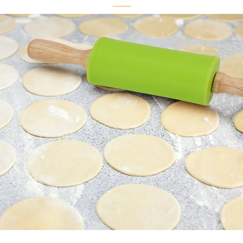 Non-Stick Wooden Handle Silicone Rolling Pin Fondant Pasta Cookie Dough Pastry Bakery Noodle Roller Kitchen Cooking Baking Tools