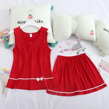 

Satin Women 2PCS Sleepwear Sexy Sleeveless Pajamas Sets Female O-neck Pyjamas Suit Casual Sleep Set Sleeveless Home Wear