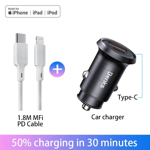 Benks MFi PD кабель для iPhone 11 Pro MAX X XR XS 8Plus type C к Lightning телефонный кабель для быстрой зарядки EU/Car PD зарядное устройство адаптер - Цвет: 1.8M Car Charger