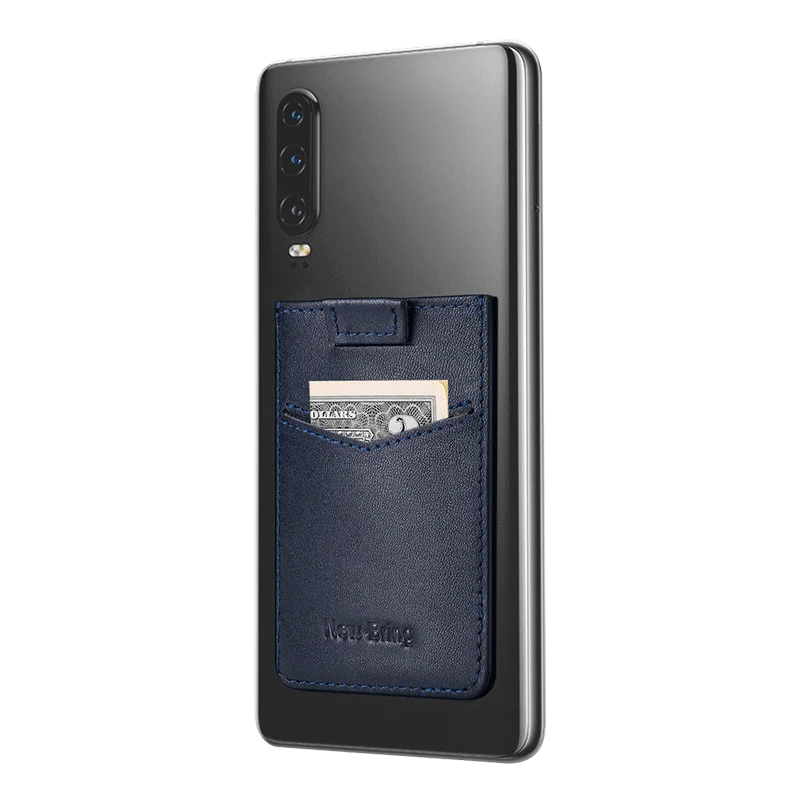 Blue NewBring ультра тонкий натуральная кожа Универсальный заднем ID держатель для карт Бизнес кредитной карман для телефона с клейкой лентой 3M Чехол Стикеры - Цвет: Blue
