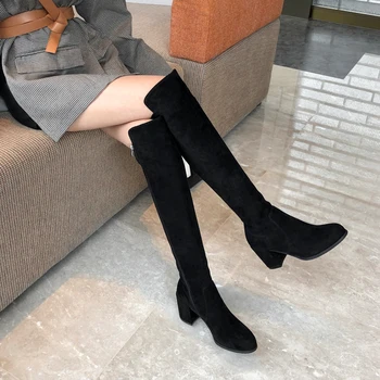 

Women Boots Thigh High Boots New Over The Knee Boots Stretchable Elastic Flock Platform Boots Block Heels 4.5CM OR 7.5CM X602-2