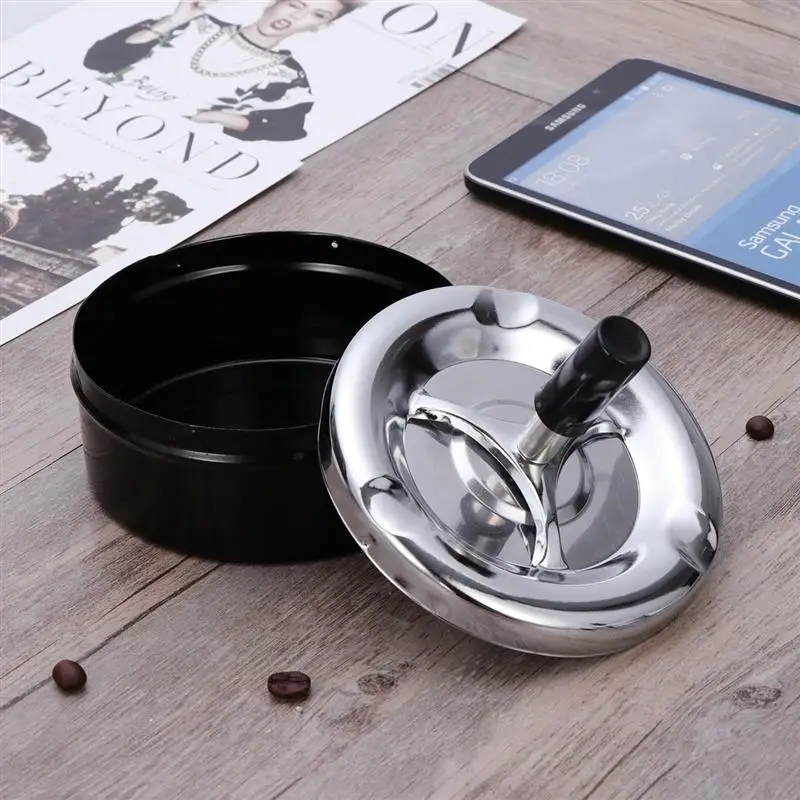 

Round Push Down Cigarette Ashtray Stainless Steel Tabletop Ashtray with Spinning Tray Desktop Smoking Ash Tray for Smokers
