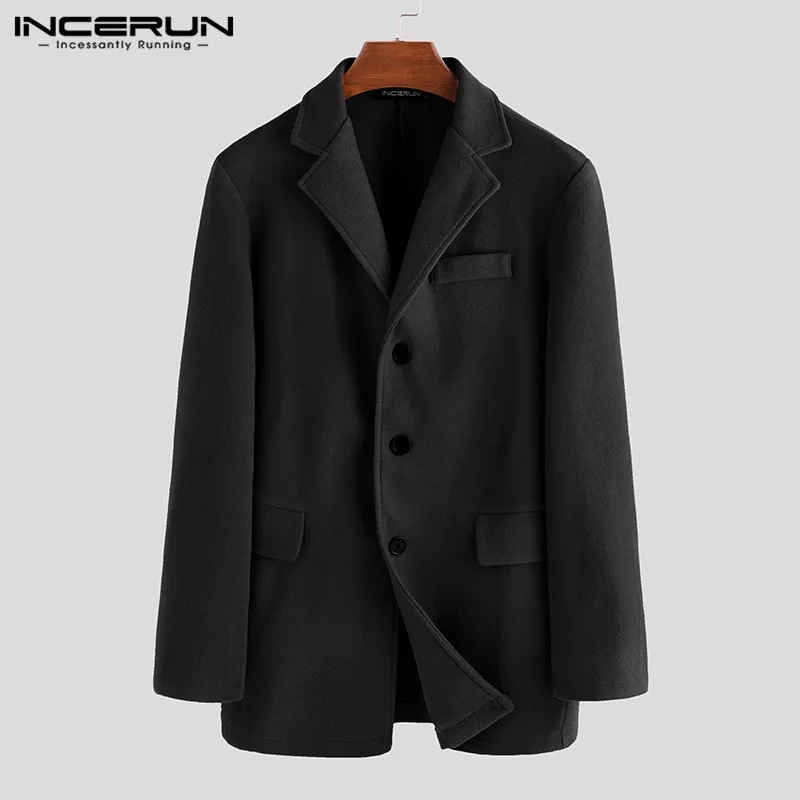 Black Coats INCERUN Модные мужские тренчи брендовые из искусственного флиса Куртки на пуговицах с длинным рукавом зимняя верхняя одежда однотонные пальто уличная верхняя одежда - Цвет: Black Coats