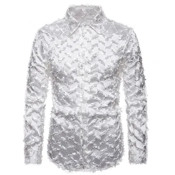 

White Feather See Through Lace Shirt Men 2020 Fashion Wave Pattern Clubwear Sexy Shirts Mens Event Party Prom Chemise Homme 3XL