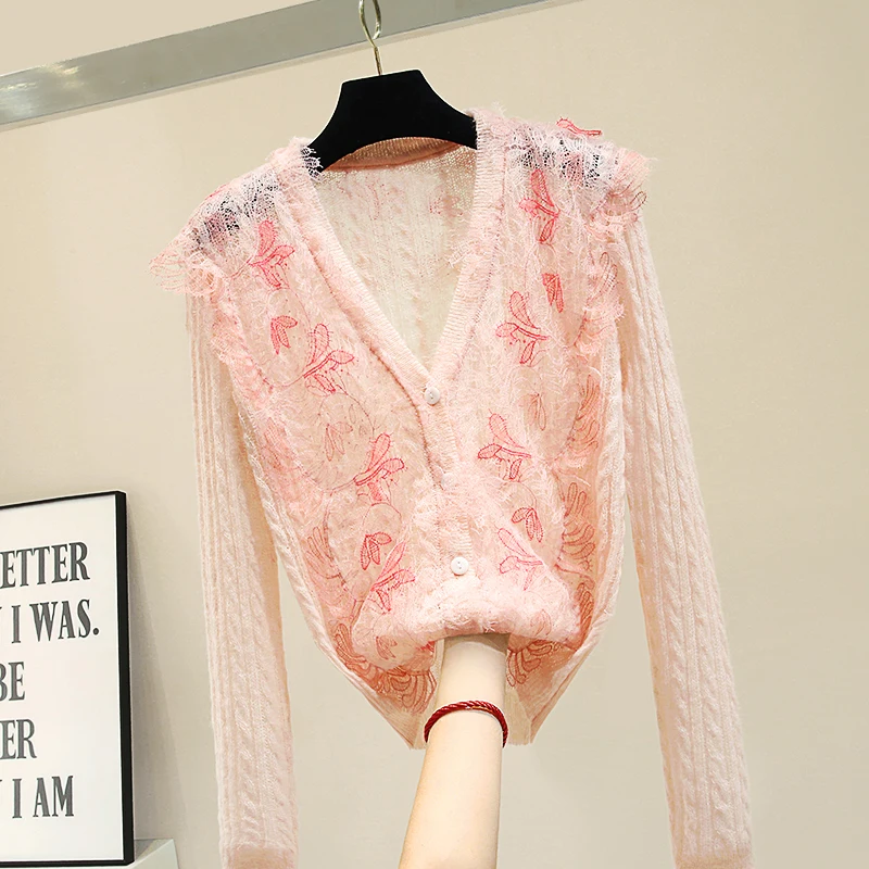 

Knitted Sweater Ice Silk Cardigan Coat Women Summer Autumn New Lace Stitching Jacket Casual Sunscreen Shirt Ladies Tops