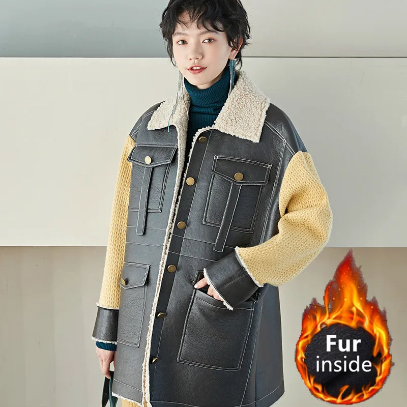 Max LuLu Winter Fashion Korean Ladies Punk Clothes Womens Faux Leather Jackets Patchwork Warm Fur Coats Knitted PU Windbreakers