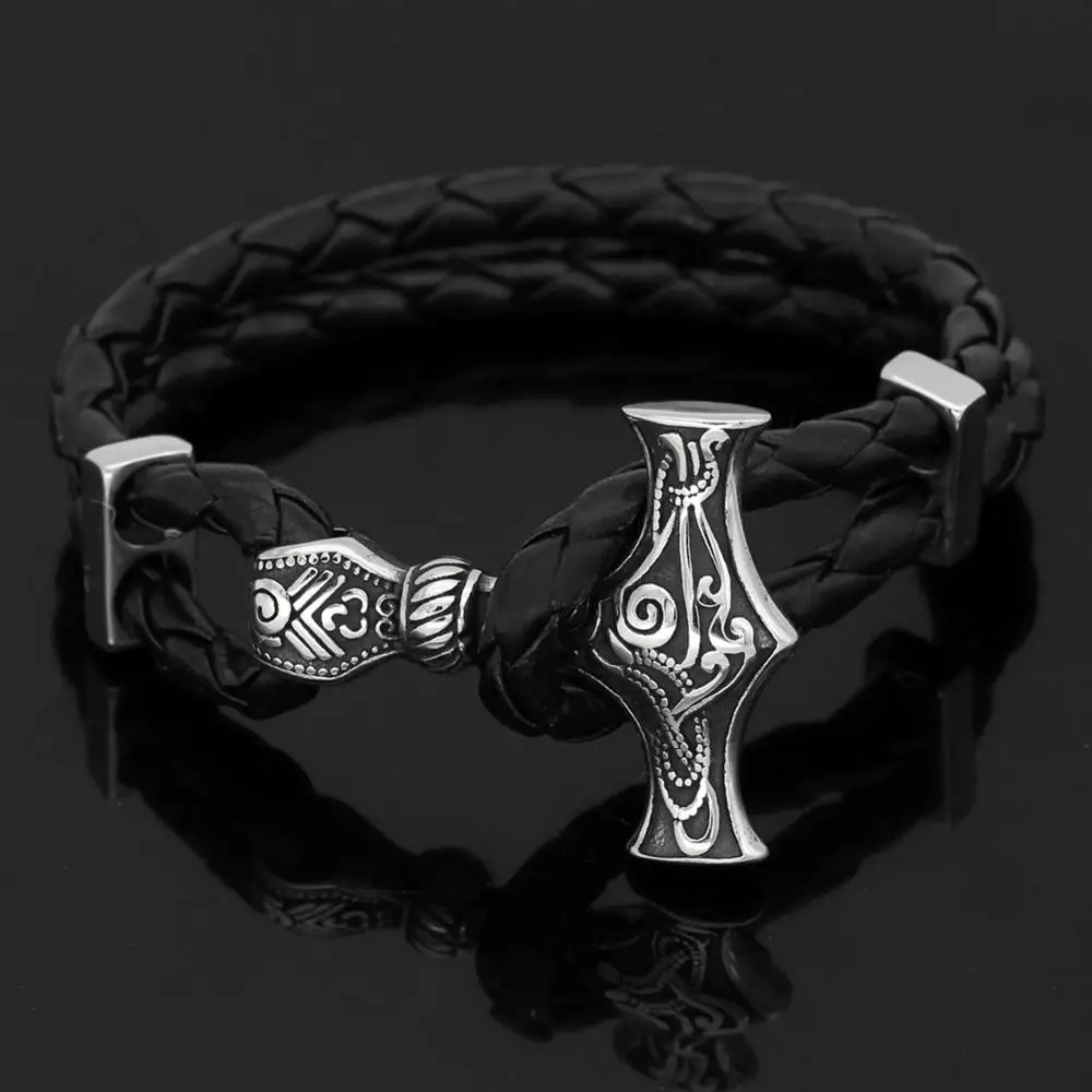 Новинка 2019 браслет из нержавеющей стали Vikings Thor's Hammer ретро кожаный веревочный