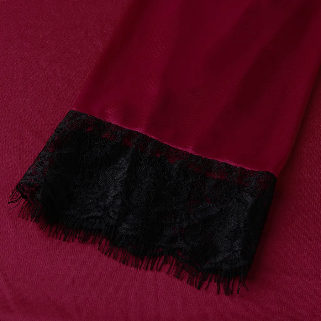 Women Sexy Long Silk Dressing Lace Lingerie Underwear Dress Bath Robe Lace Lingerie Wine Red Nightdress Hot Ladies Nightgown2019