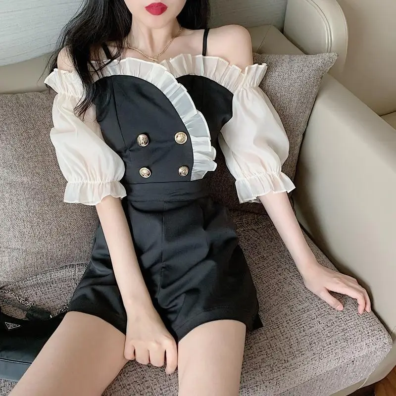 Korean Sexy Strapless Sling Women Playsuits Short Sleeve Hit Color Ruffle Patchwork Romper High Waist Slim Bodysuit G1829