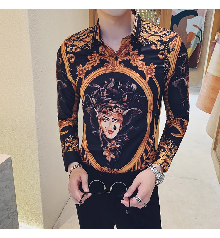 Рубашки в уличном стиле мужская одежда Camisa Homem гавайская рубашка с золотым принтом Мужская рубашка с длинными рукавами и цветочным принтом Мужская рубашка Camisa Masculina