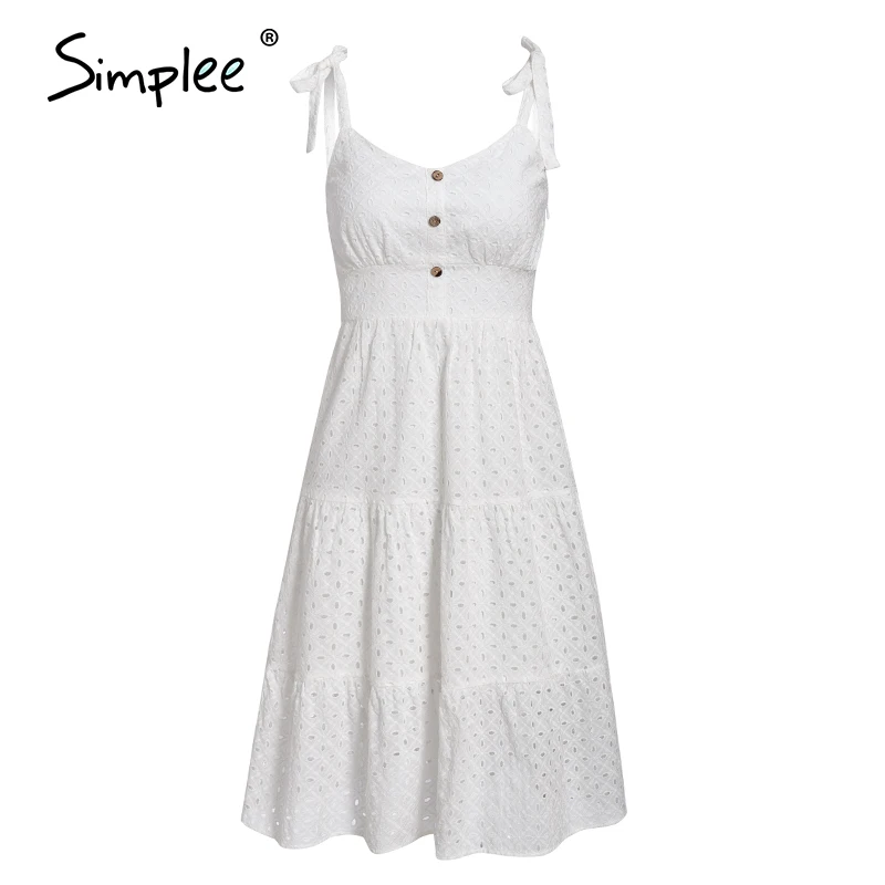 Simplee Casual white women summer beach dress Bow-knot shoulder embroidery hollow out female midi dress backless dress vestidos