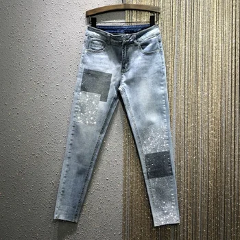 

2020 Spring New Style High-waisted Elasticity Slim Fit Slimming Straight-Cut Industrial Hot Drilling Pencil Denim Jean Jeans