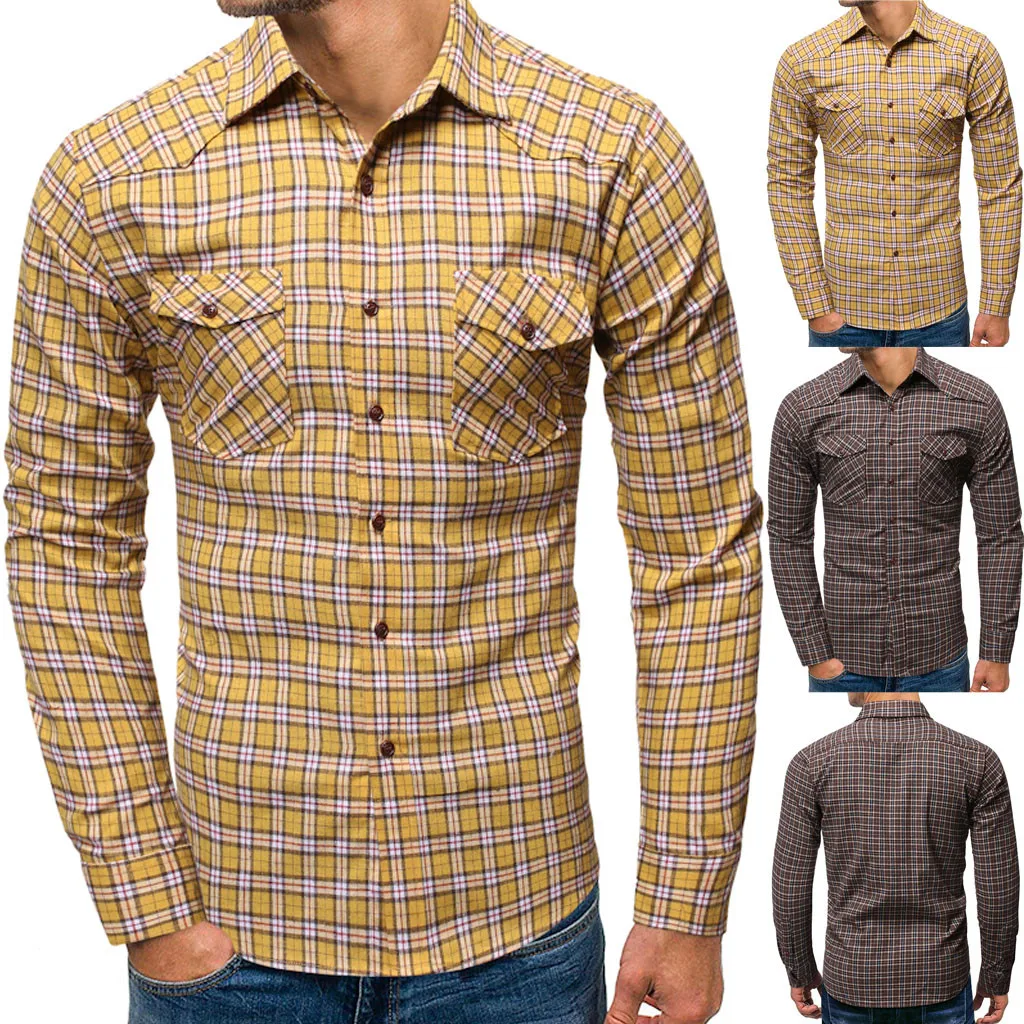 Camisa Masculina модная мужская клетчатая деловая повседневная с длинными рукавами желтая рубашка с отложным воротником из хлопка 19Aug20 P30