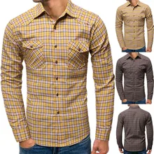 Camisa Masculina модная мужская клетчатая деловая повседневная с длинными рукавами желтая рубашка с отложным воротником из хлопка 19Aug20 P30