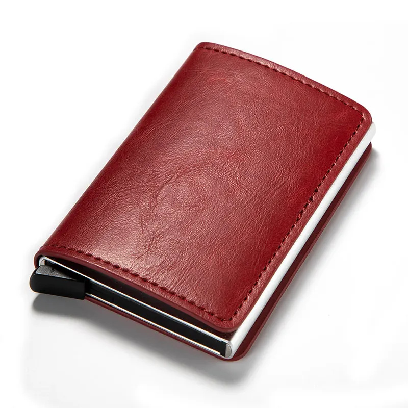 RFID Блокировка модный автоматический кожаный держатель для кредитных карт для мужчин Алюминиевый металлический бизнес ID многофункциональный держатель для карт мини кошелек - Цвет: red