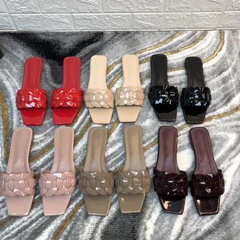 

Luxury Brand Genuine Leather Classic Slippers Square toe Open Toe Female Slip-on Slippers Summer New Fashion Solid Women Shoes