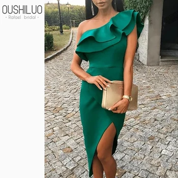 

Emerald Satin Sheath Prom Dresses Asymmetrical Skirt Summer Hunter One Shoulder Tiered Ruffles Tea Length Bandage Party Wear