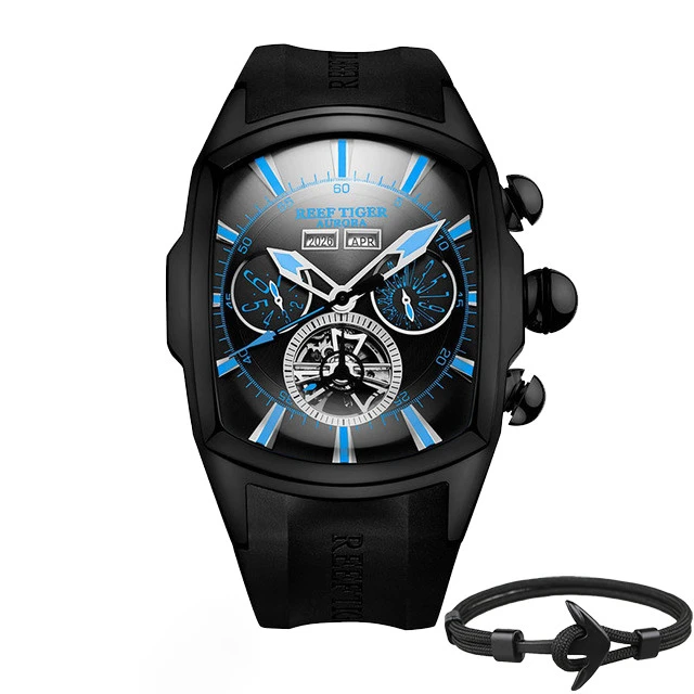 Топ бренд Reef Tiger Reloj Hombre Роскошные Tourbillon циферблат автоматические часы с резиновым ремешком механические водонепроницаемые мужские часы даты Relogio Masculino+ подарок - Цвет: RGA3069-BBBL Box