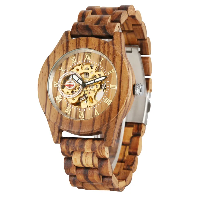 100% Handmade Wooden Watch Men's Bamboo Wristwatch Automatic Mechanical Skeleton Watches Roman Numeral Timepiece Wooden Strap