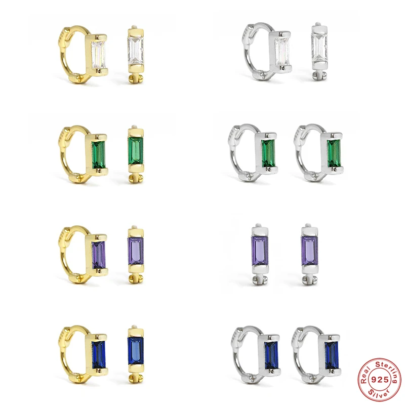 Aide 925 Sterling Silver Rectangle Colorful Zircon 6mm Huggie Earrings Mini Circle Second Hole Cartilage Earring Hoops Jewelry