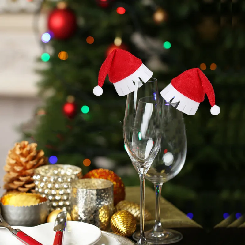 

10Pcs/lot Christmas Decorations For Home Table Place Cards Christmas Santa Hat Wine Glass Decoration New Year Party Supplies