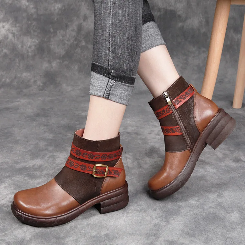 

2019 Women Comfortable Fashion Platform Shoes Lady Genuine Leather Ankle Boots For Female Black Boots Brown