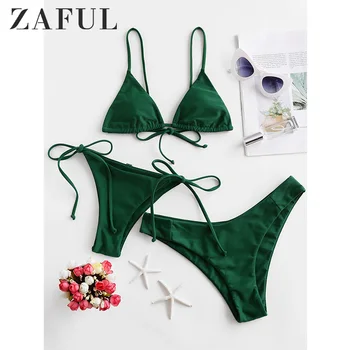 

ZAFUL Padded Cami Three Pieces Bikini Swimsuit Solid Color Triangle Cup Strap Split Bikini Suit Low Waisted Fashion For Women