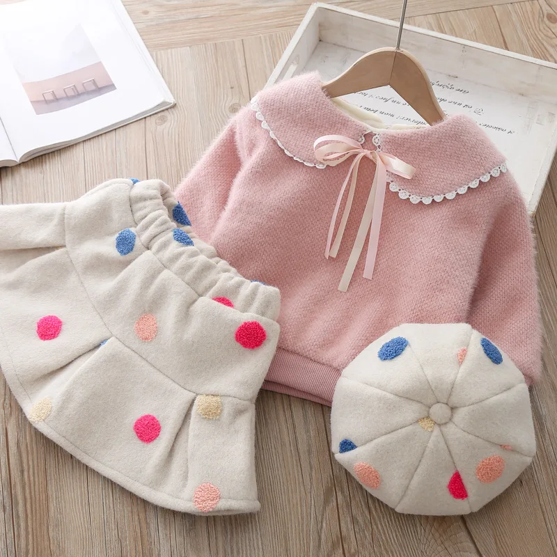 Комплект зимней одежды для девочек, плотный свитер с длинными рукавами, рубашка и юбка в горошек, берет и шапка, Модный милый комплект для детей 2-6 лет