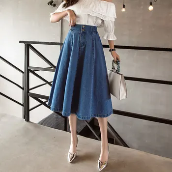 

XXL long Denim Skirt Vintage Button High Elastic Waist Black Blue Slim Women Skirts Plus Size Ladies Office Sexy Jeans Faldas