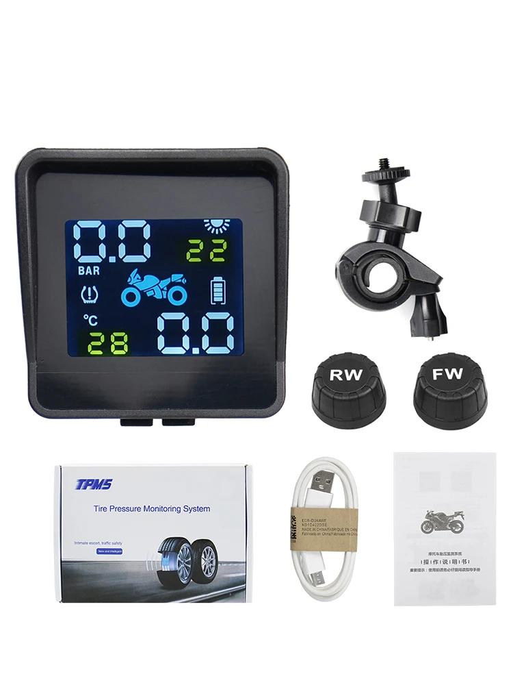 USB Solar Charging Motorcycle TPMS Motor Tire Pressure Tyre Temperature Monitoring Alarm System with 2 External Sensors