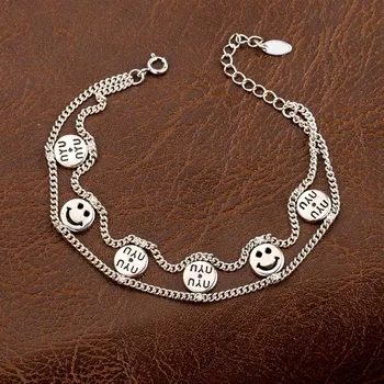 

S925 Sterling Silver Bracelet Female Funny Smiley Face Creative Facial Expression Bag Cute Fashion Punk Hand Jewelry Female
