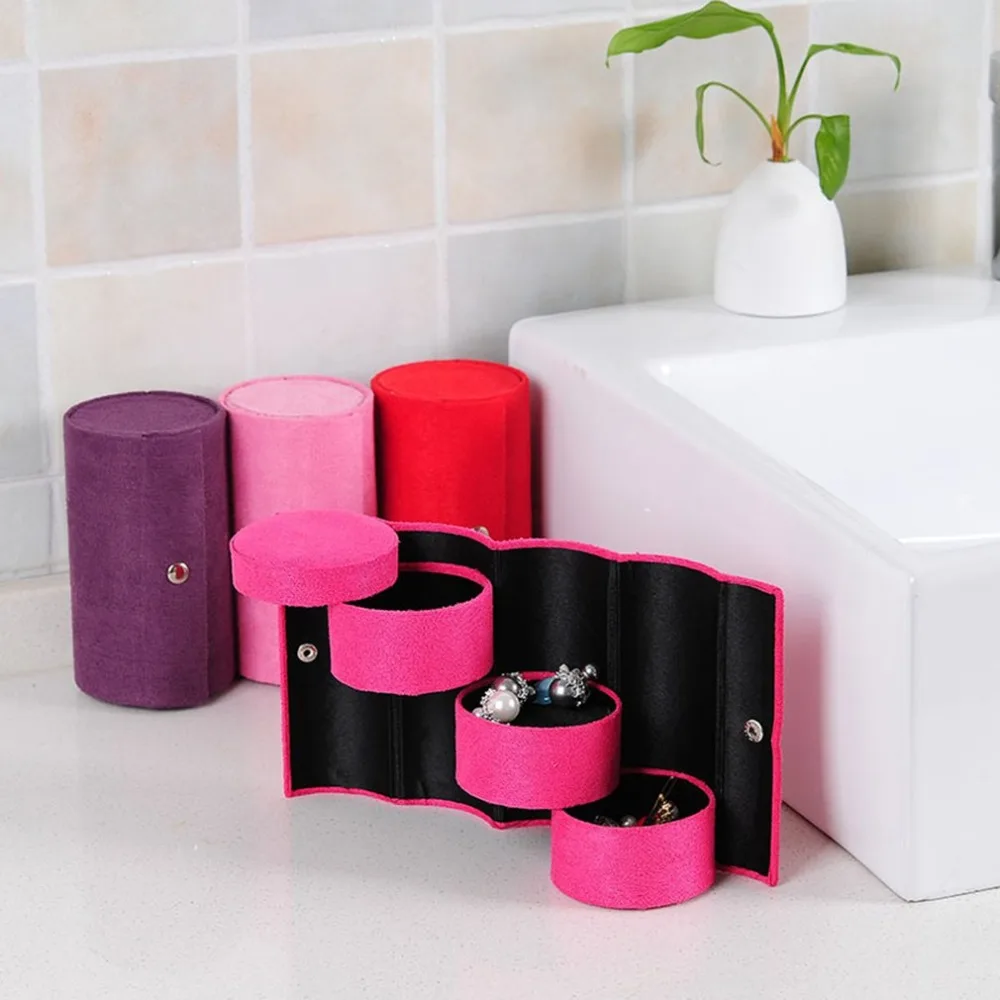 

Multifunctional Fabric 3 layers Jewelry Display Box Cylinder Shape Organizer Flannel Round Portable Travel Storage Case Creative