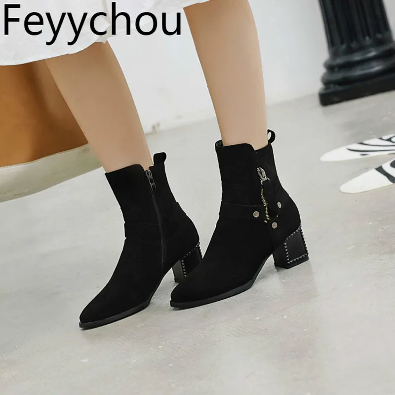 

Women Boots High Heel Ankle All Match Zip New Fashion Versatile Pointed and Comfortable Temperament Office Flock Black Brown Red