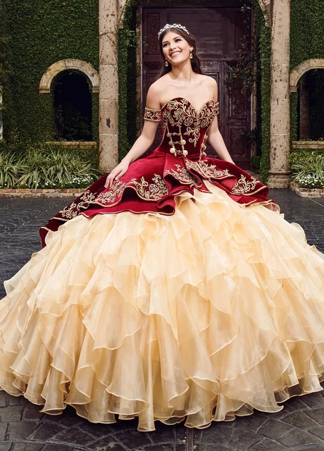 Vestidos de Quinceañera de Charra mexicana de terciopelo rojo vino Real,  vestido de baile bordado con botones dorados, dulce vestido de 16, 15 años  - AliExpress